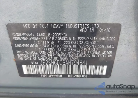 2010 Subaru Forester 2.5X Limited from USA, damaged, VIN JF2SH6DC6AH794841